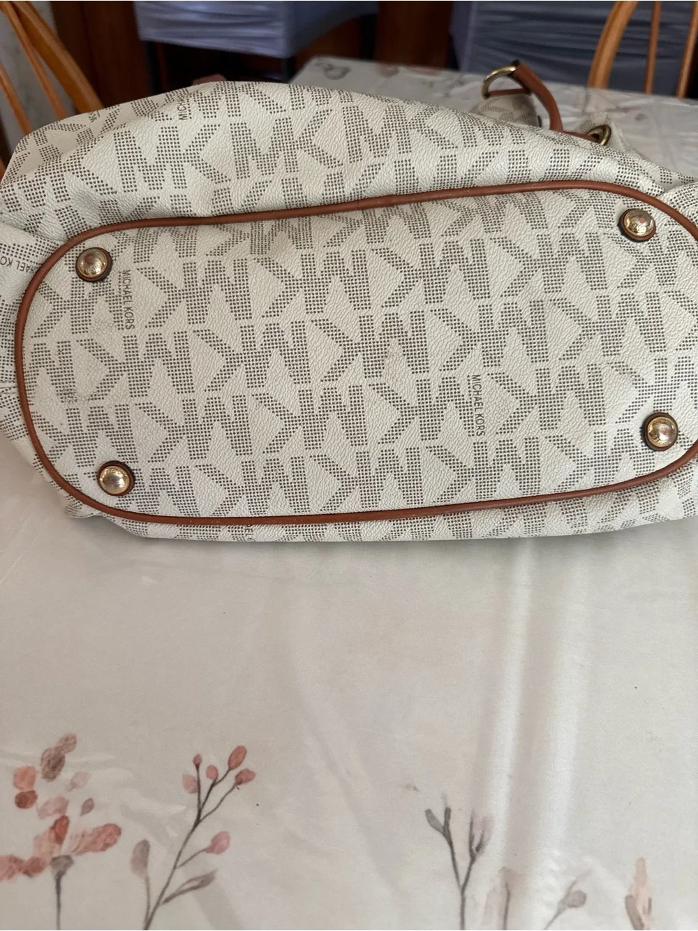 Michael Kors Cream Logo Canvas Tote with Brown Leather Trim and Tassel